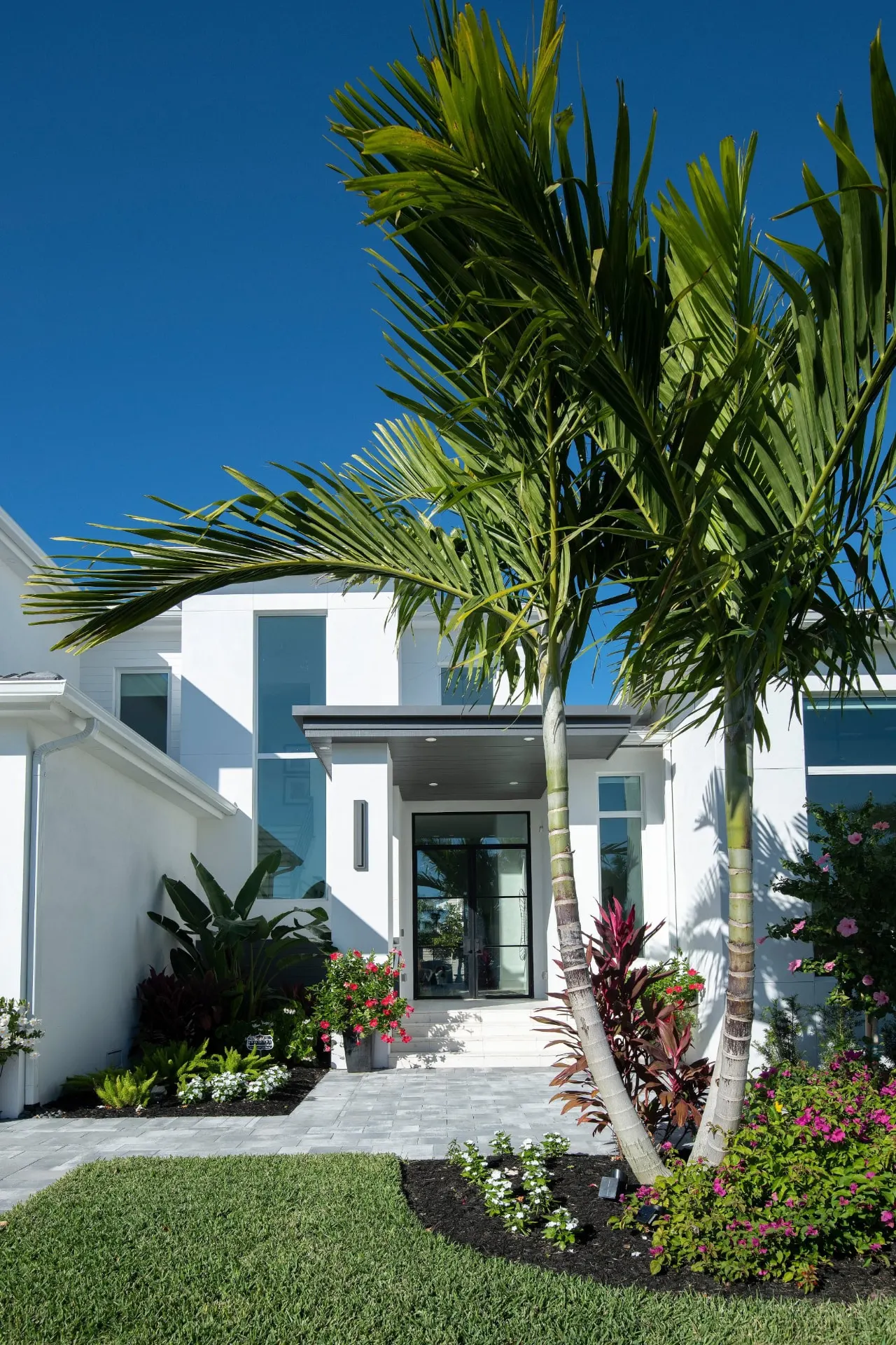 Front entry framed by palms with tall windows, a dark canopy and glass double doors.