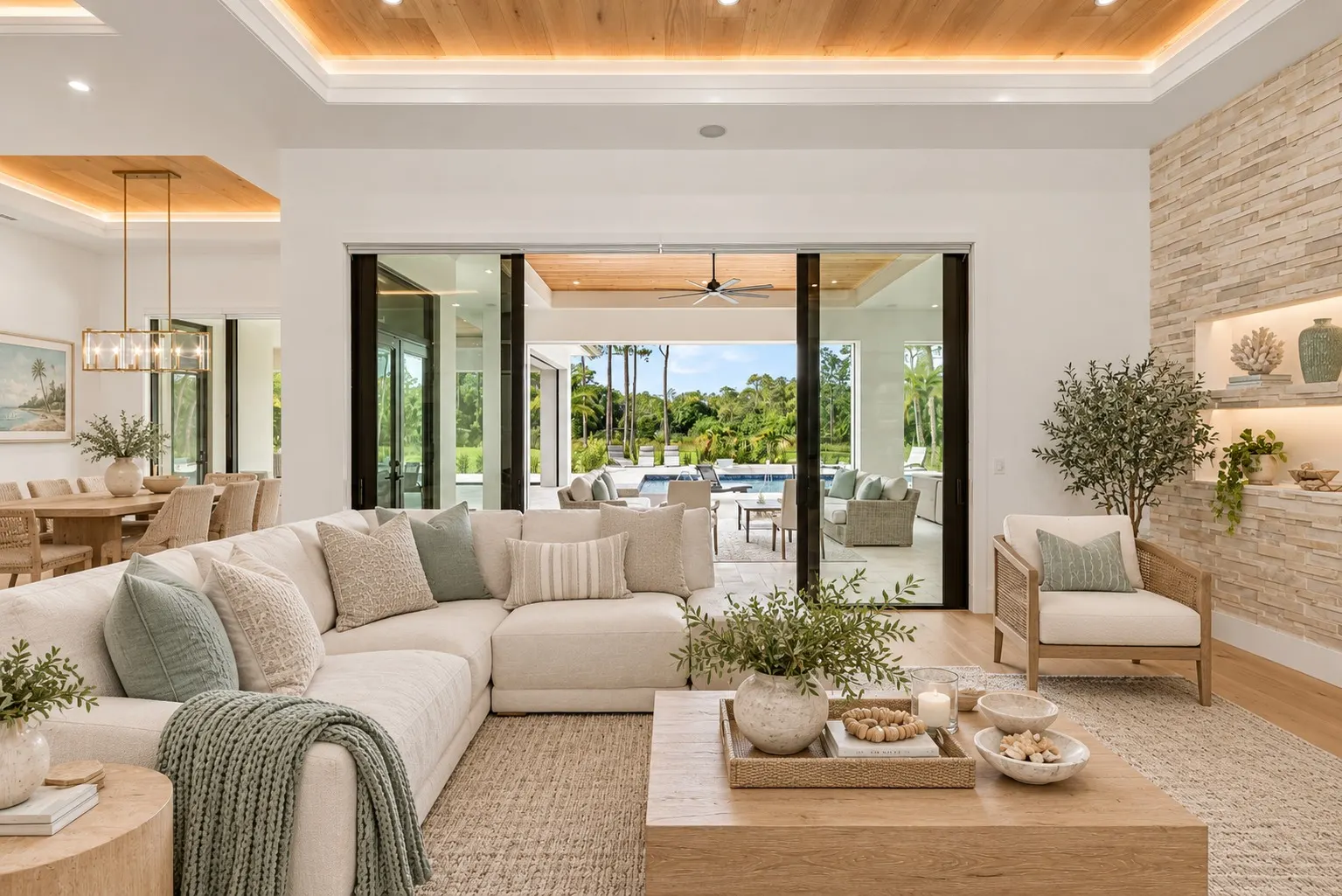 Living area with a sectional sofa, a wood-lined tray ceiling and sliding glass doors opening to the covered terrace and pool.