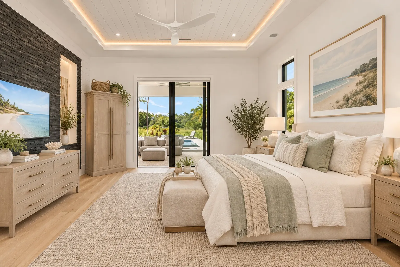 Primary bedroom with a lit tray ceiling, a stacked-stone feature wall and sliding doors to the terrace.