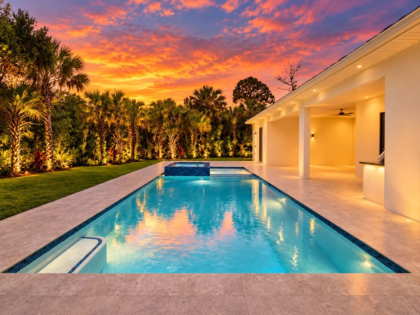 Pool and raised spa at dusk with a covered lanai and a glowing sunset sky.
