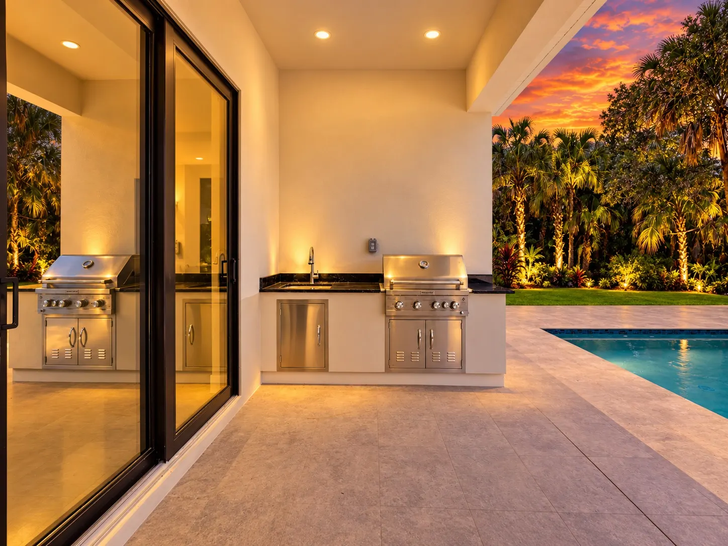 Covered lanai outdoor kitchen with stainless steel grills, a sink and black stone counter beside the pool.