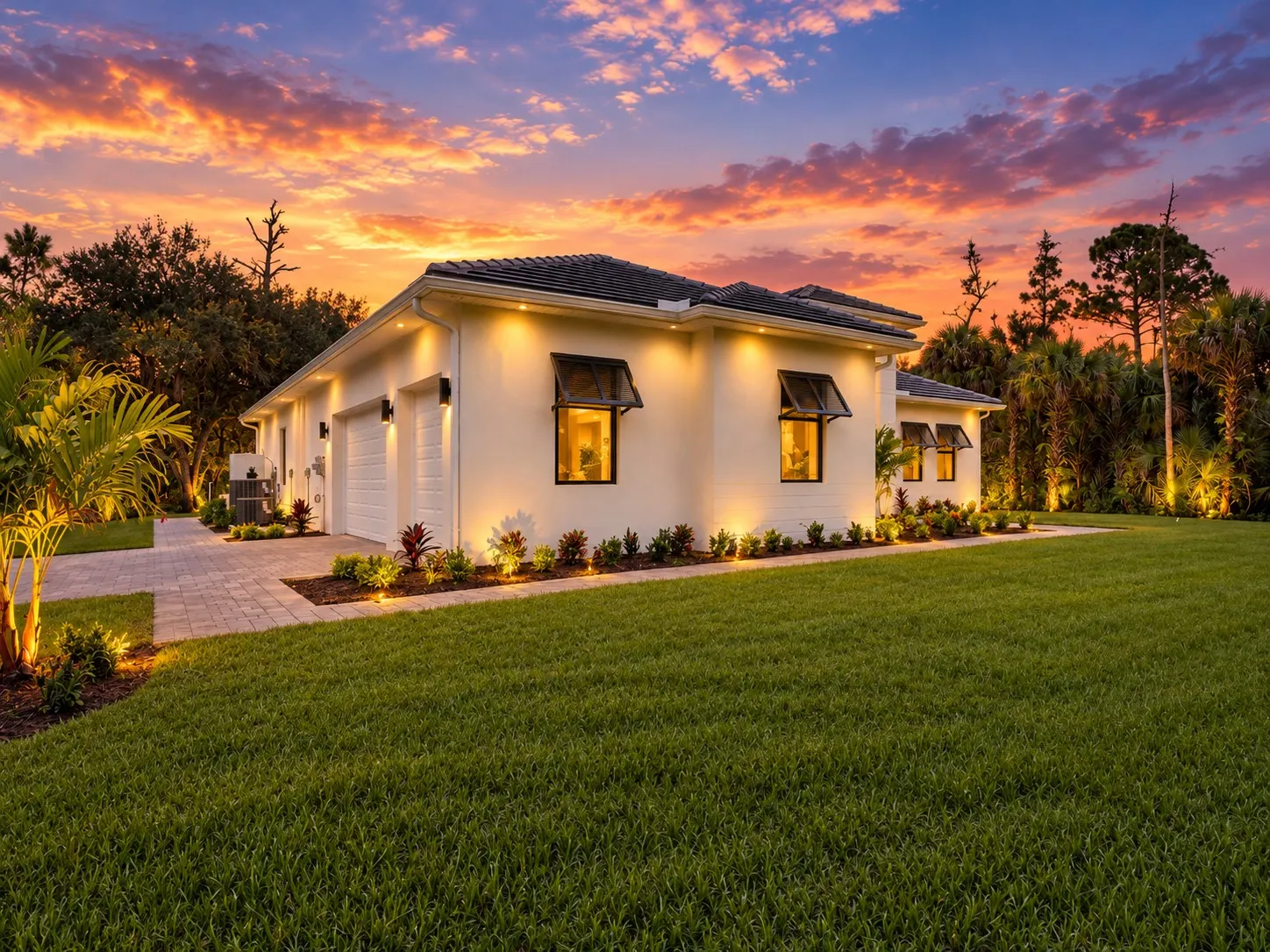 Side of the home at dusk with a two-car garage, paver driveway, shuttered windows and landscape lighting.