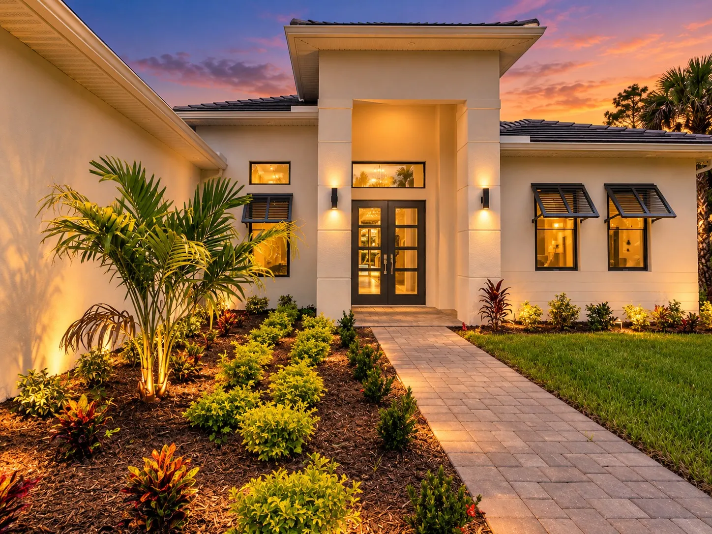 Entry of The Estates Contemporary with a tall stucco portal, black-framed double glass doors, wall sconces and a paver walkway.